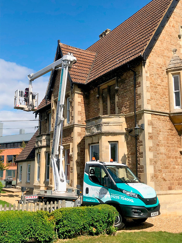 Roof Cleaning at Abingdon School using a Cherry Picker