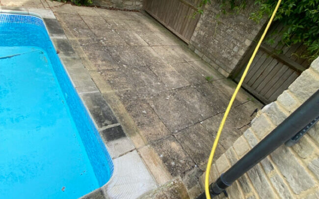 Patio cleaning using DOFF super heated water, post treatment with Soft wash