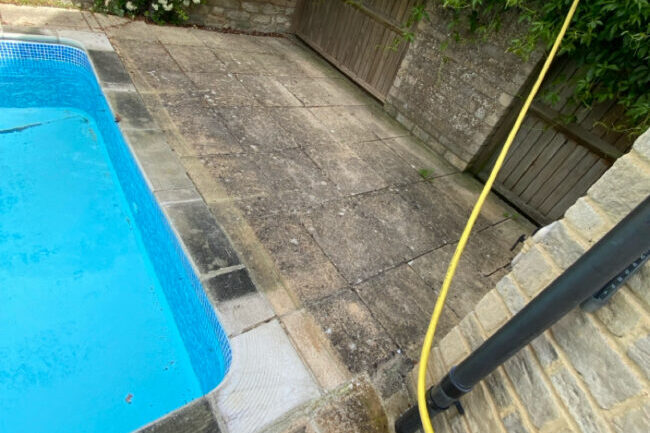 patio clean before Patio cleaning using DOFF super heated water, post treatment with Soft wash