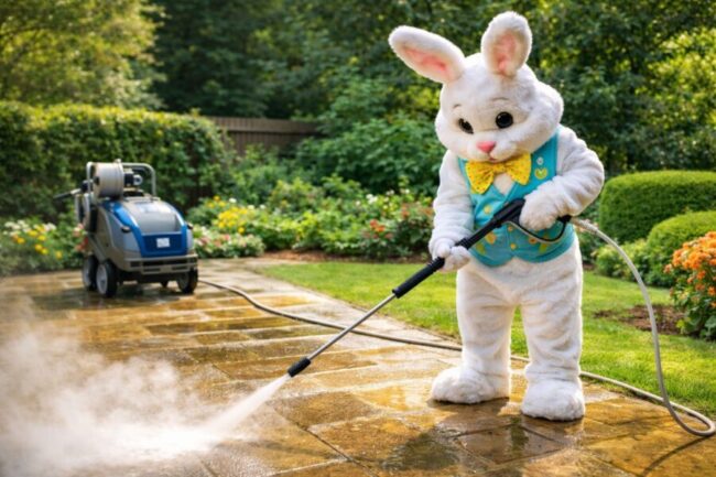 Alfresco Easter Bunny cleans patio with pressure washer