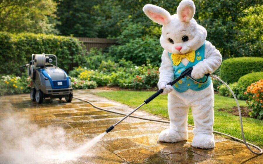 Alfresco Easter Bunny cleans patio with pressure washer